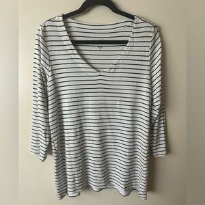 J. Jill Pima 3/4 Sleeve V Neck Top Black White Stripes Size Medium Tall